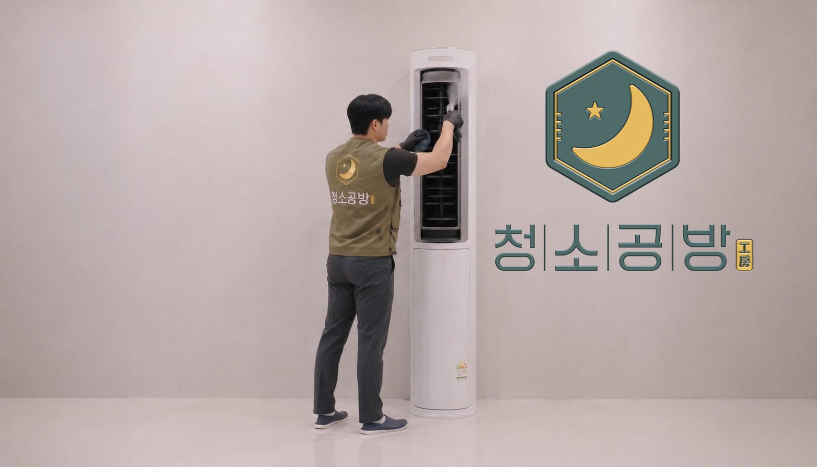 스탠드 에어컨을 분해 세척하는 청소공방 기술자