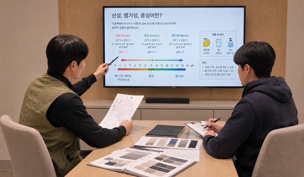 원단 샘플과 세제의 산성·염기성을 설명하는 이론 수업